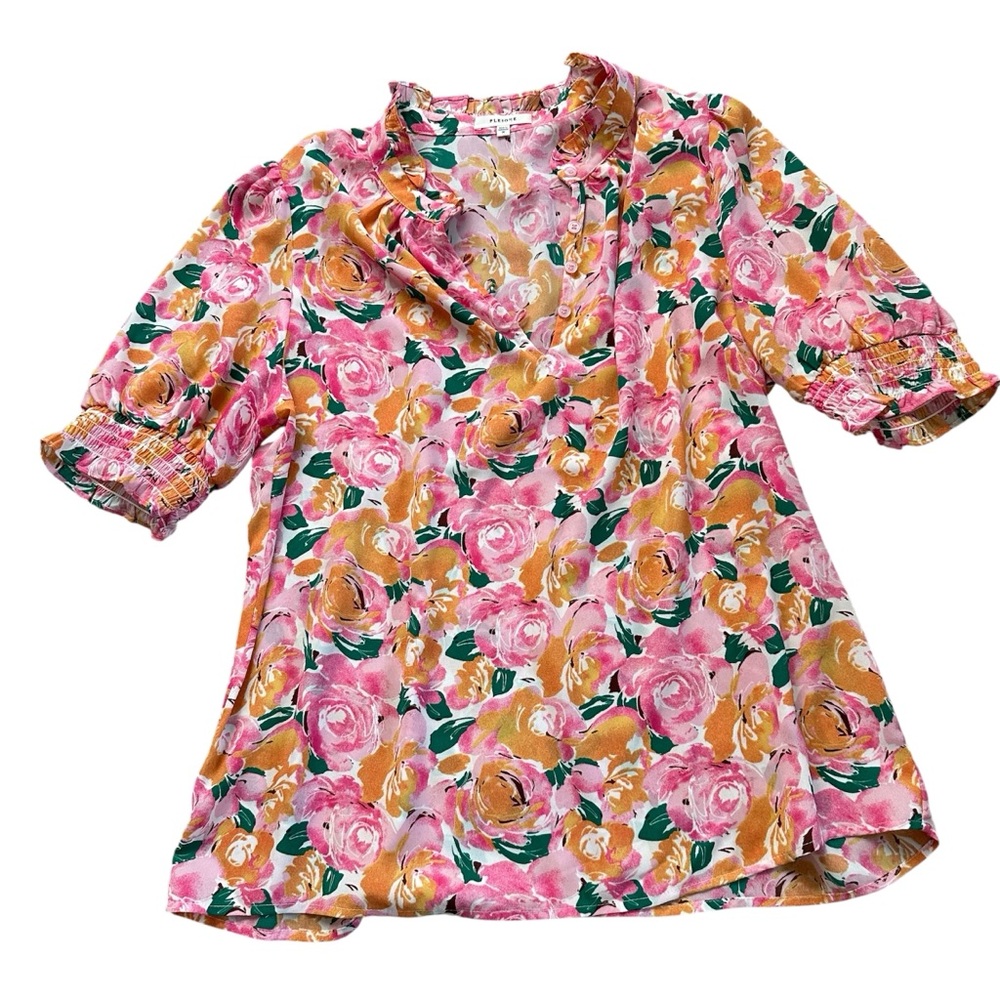 Pleione Women’s Floral Sheer Button Down Short Sleeve Blouse 🩷🌸